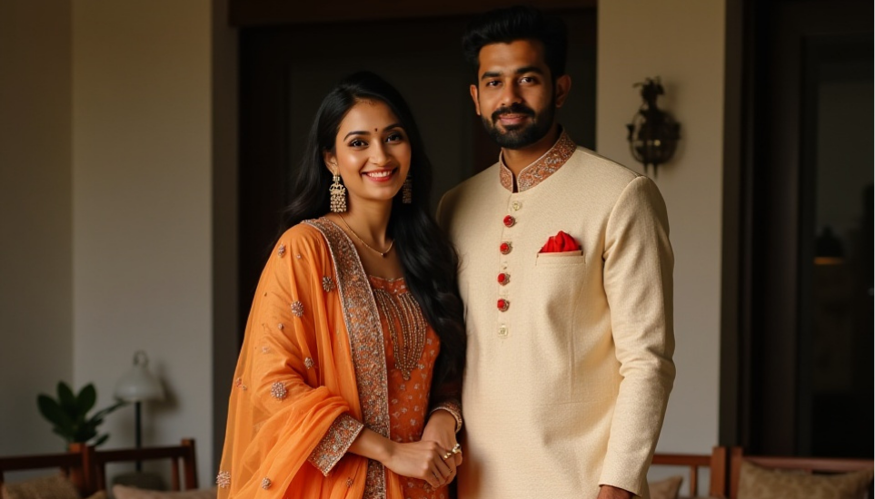Modern matrimony 2025 couple in traditional attire representing cultural values, equality, and progressive marriage traits.