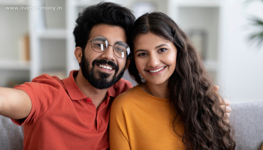 Happy couple smiling together, representing signs you found the right partner on a matrimony platform in 2025.