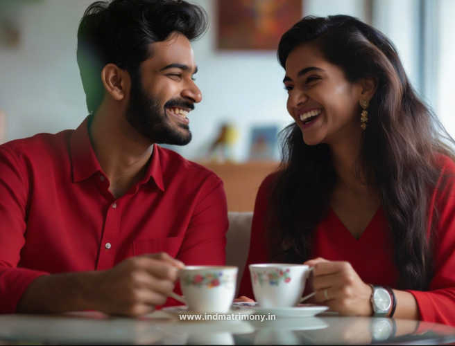 Smiling Indian couple having tea together while discussing important Questions to Ask Before Marriage in a warm home setting