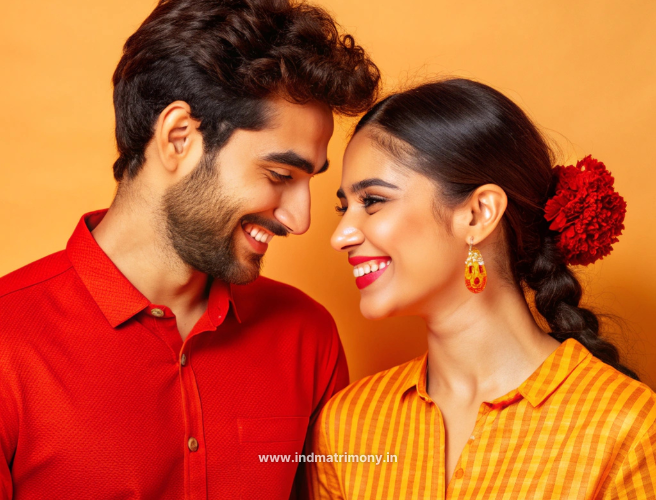 Smiling Indian couple in red and yellow outfits sharing a joyful moment