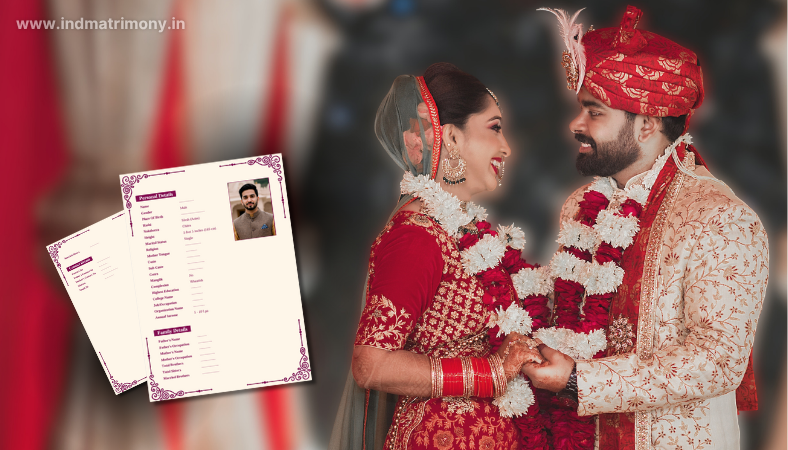 Indian wedding couple with marriage biodata documents, showcasing matrimony profile format for 2025.