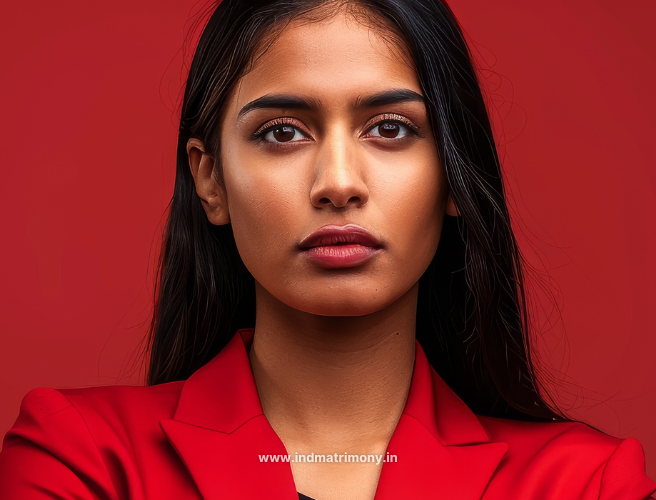 Confident Indian woman in red blazer against bold red background