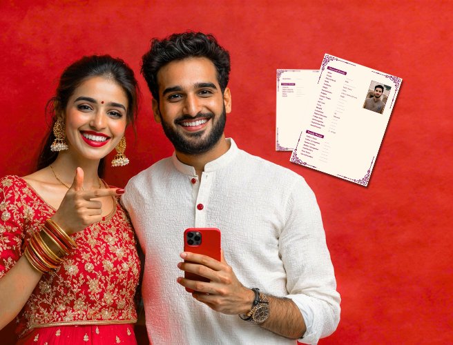 Smiling Indian couple pointing at smartphone with Matrimony Profile Format document displayed on red background