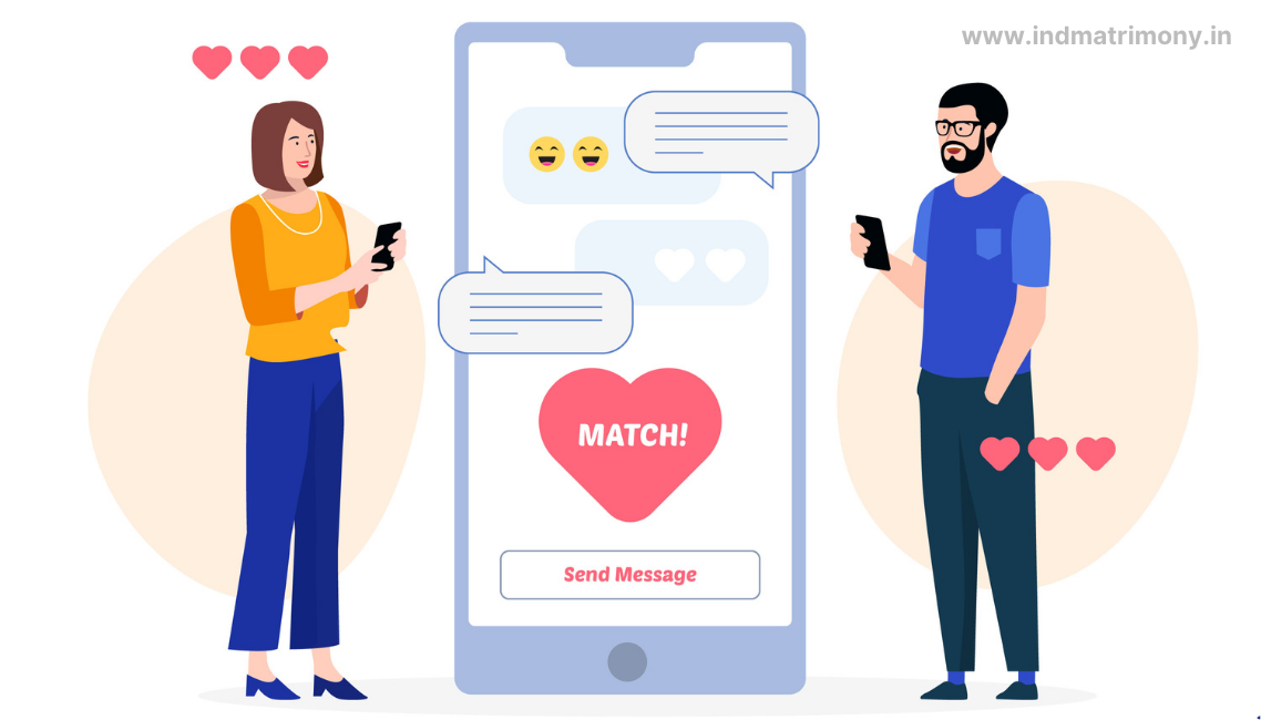 Illustration of a man and woman chatting on a matrimonial site app with a heart match notification — representing online connection and communication on IND Matrimony
