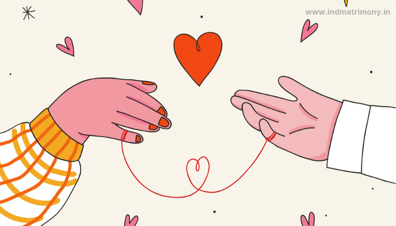 Illustration of two hands connected by a red thread forming a heart, symbolizing Gen Z marriage trends and modern love on IND Matrimony