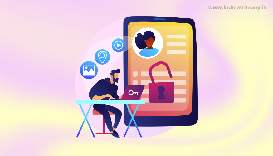 Illustration of a person securing online matrimony data with a laptop and lock symbol, representing privacy in matrimony services on IND Matrimony
