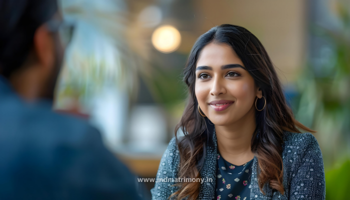 Smiling woman during a thoughtful conversation, representing trust, respect, and the qualities women look for in a man for marriage on IND Matrimony