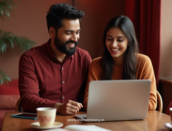 Indian couple reviewing plans together on a laptop, symbolizing Marriage Growth Tips through teamwork and communication