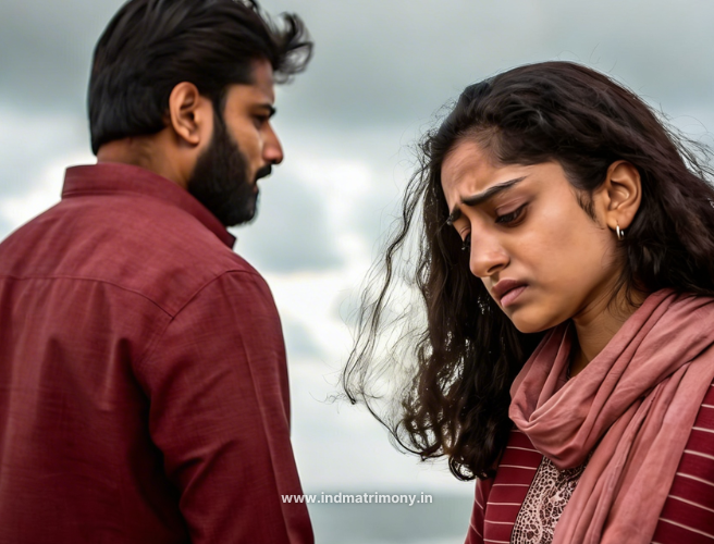 Rejection in Marriage concept showing a sad couple standing apart under a cloudy sky