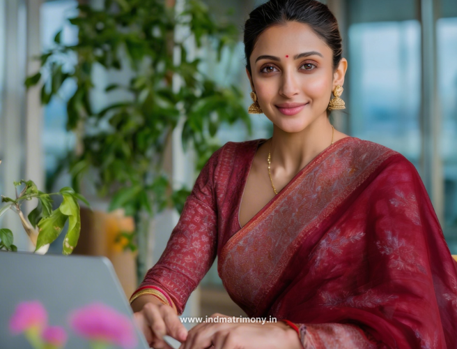 Indian working professional woman in red saree working on laptop — career and marriage balance