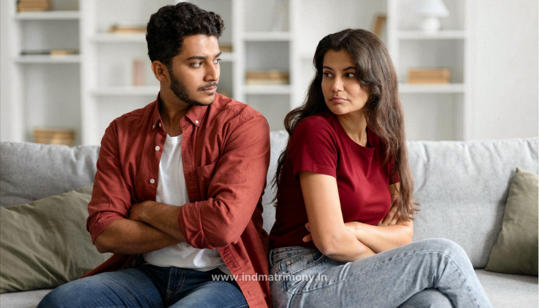 Couple sitting apart on a couch showing emotional tension and compatibility issues in their relationship