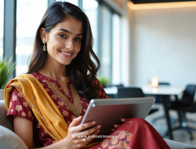 Indian woman using a tablet in a modern office while exploring matches with IND Matrimony Support
