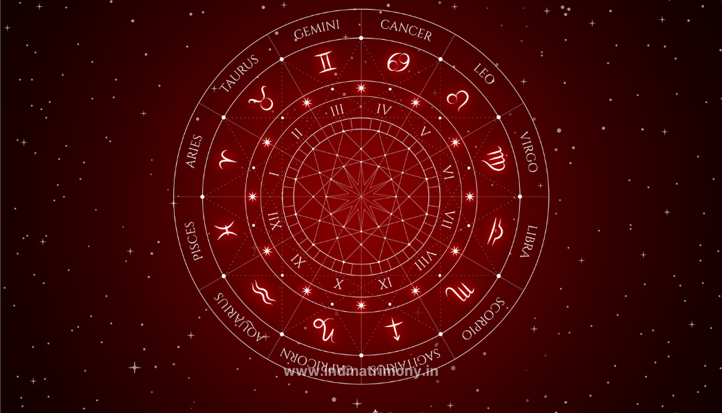Astrological zodiac wheel and horoscope chart representing Kundali matching vs compatibility in traditional Indian marriage matchmaking.