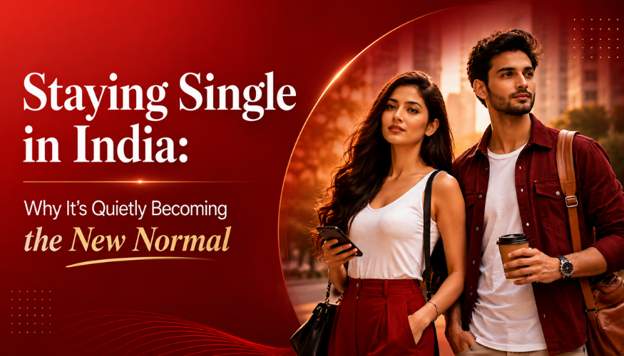 A premium red banner showing two modern young Indians in an urban setting with the title “Staying Single in India: Why It’s Quietly Becoming the New Normal.
