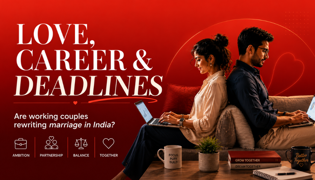Working Couple Marriage showing a modern Indian couple balancing career deadlines and relationship goals at home.