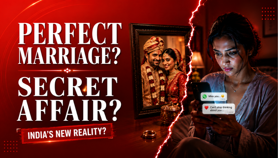 Extra-Marital Affairs blog banner showing a dramatic red-toned Indian marriage scene with a wedding photo frame, hidden phone chat, and bold text reading “Perfect Marriage? Secret Affair?”