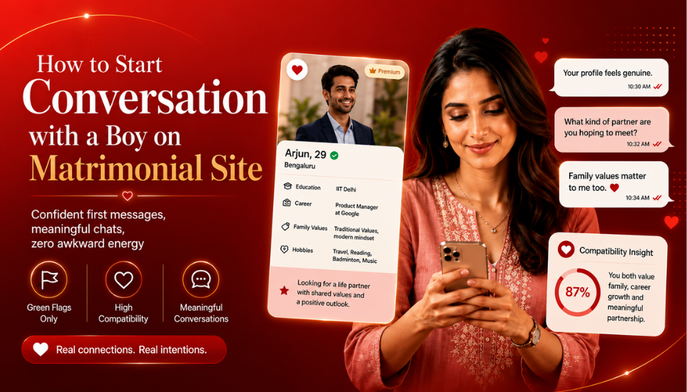 How to Start Conversation with a Boy on Matrimonial Site banner featuring a modern chat-style matrimonial design