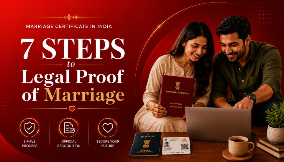 Modern Indian couple reviewing a marriage certificate and registration process online in a warm home setting