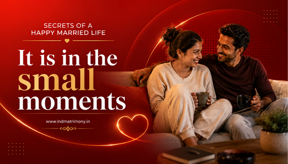 Happy Indian married couple sharing a warm moment at home, representing secrets of a happy married life and emotional connection. This visual perfectly illustrates real happy married life tips in action, where small everyday moments of togetherness create lasting love and emotional safety.
