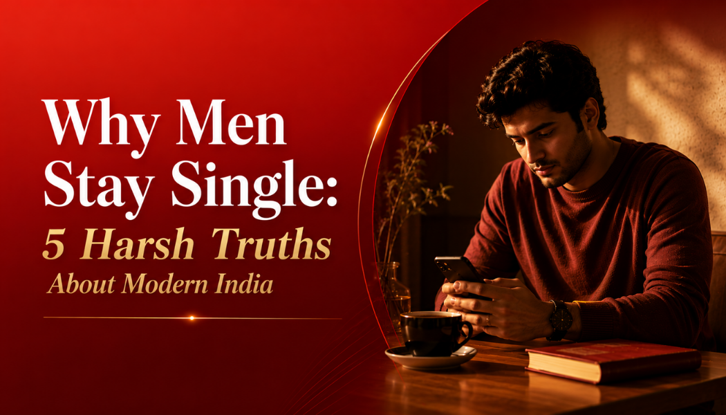 A modern red banner showing a thoughtful young Indian man looking at his phone, with the headline “Why Men Stay Single: 5 Harsh Truths About Modern India.