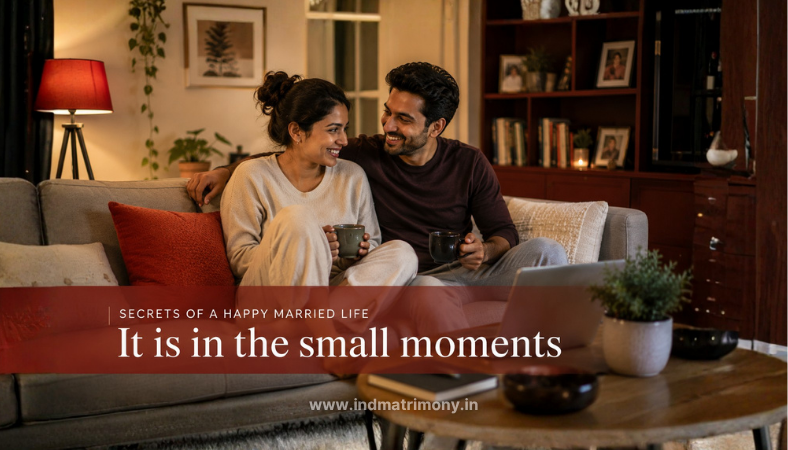 Happy Indian married couple sharing a warm moment at home, representing secrets of a happy married life and emotional connection. This visual perfectly illustrates real happy married life tips in action, where small everyday moments of togetherness create lasting love and emotional safety.