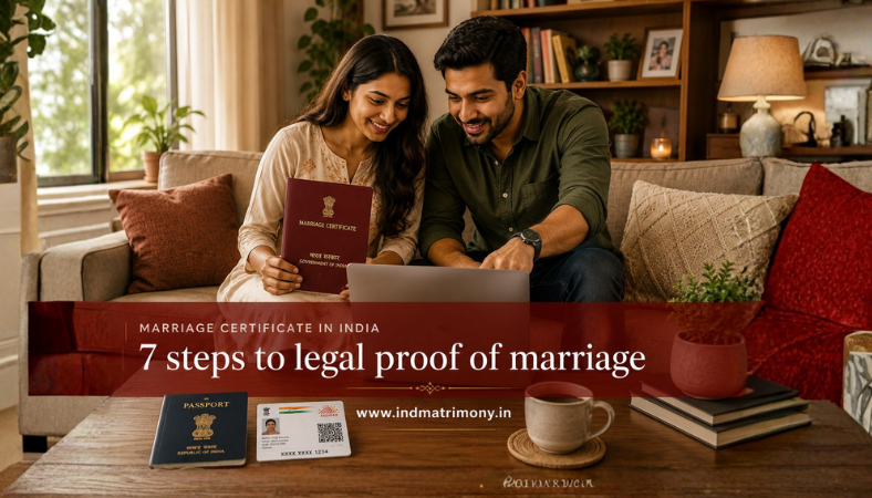 Modern Indian couple reviewing a marriage certificate and registration process online in a warm home setting