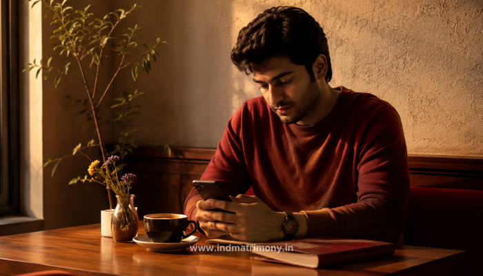 staying single in India - young Indian man sitting alone in a warm café during late afternoon, peacefully looking at his phone with coffee on the table