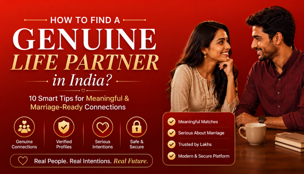 How to Find a Genuine Life Partner in India blog banner with modern Indian couple and marriage-ready connection tips