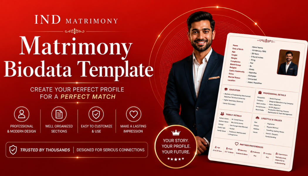 matrimony biodata template for Indian marriage profile with personal details and partner preferences