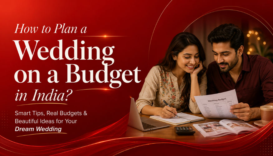 Budget wedding in India planning guide with a modern Indian couple reviewing wedding expenses at home.