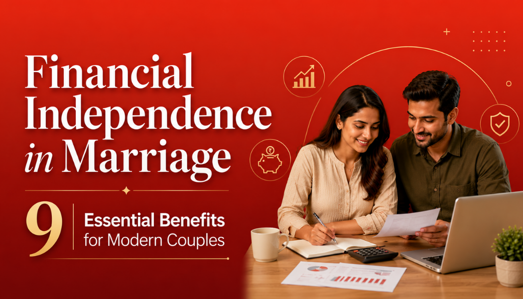 Indian couple discussing financial independence in marriage with laptop, calculator, and financial documents at home