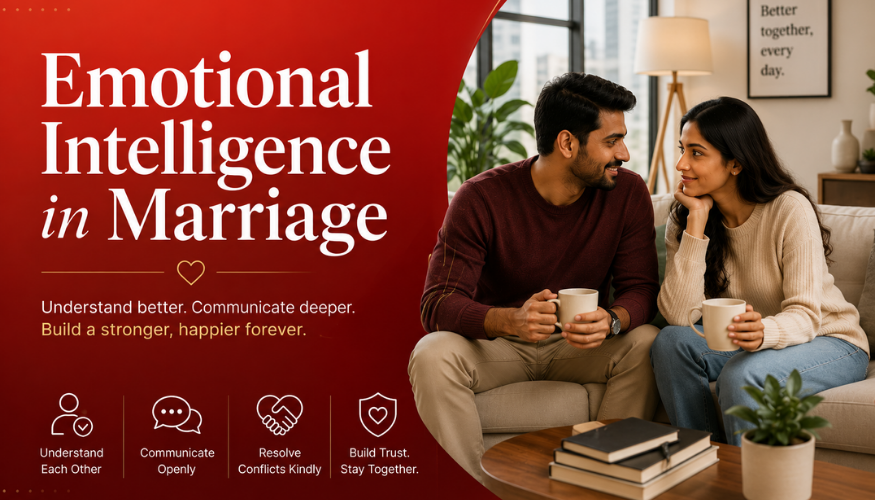 Emotional Intelligence in Marriage banner showing a modern Indian couple communicating with trust and understanding