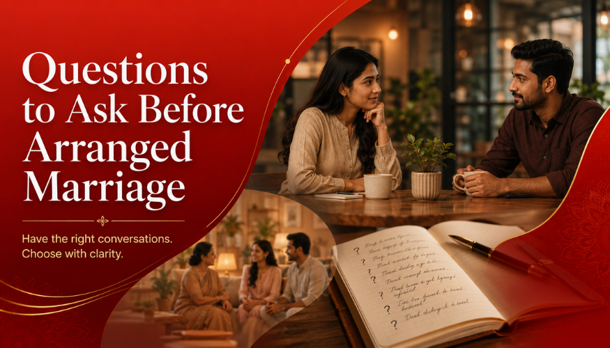 Questions to Ask Before Arranged Marriage banner with a meaningful couple conversation